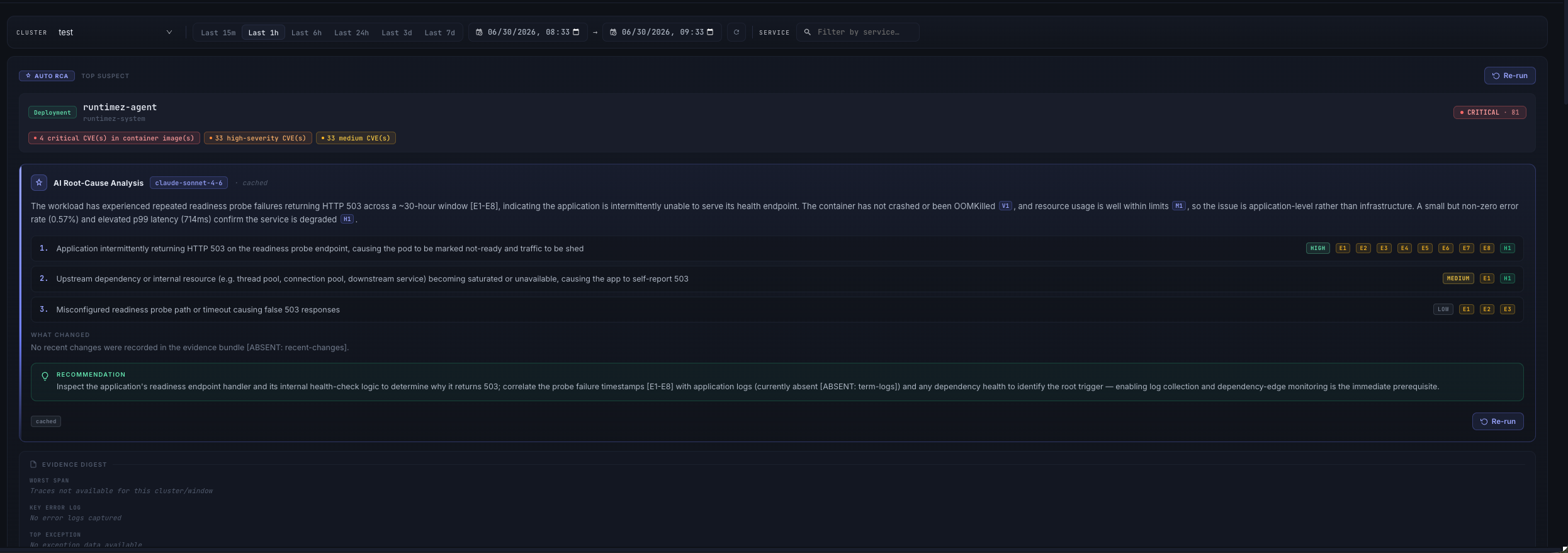 Runtimez AI root-cause analysis: ranked hypotheses with evidence references and a recommendation